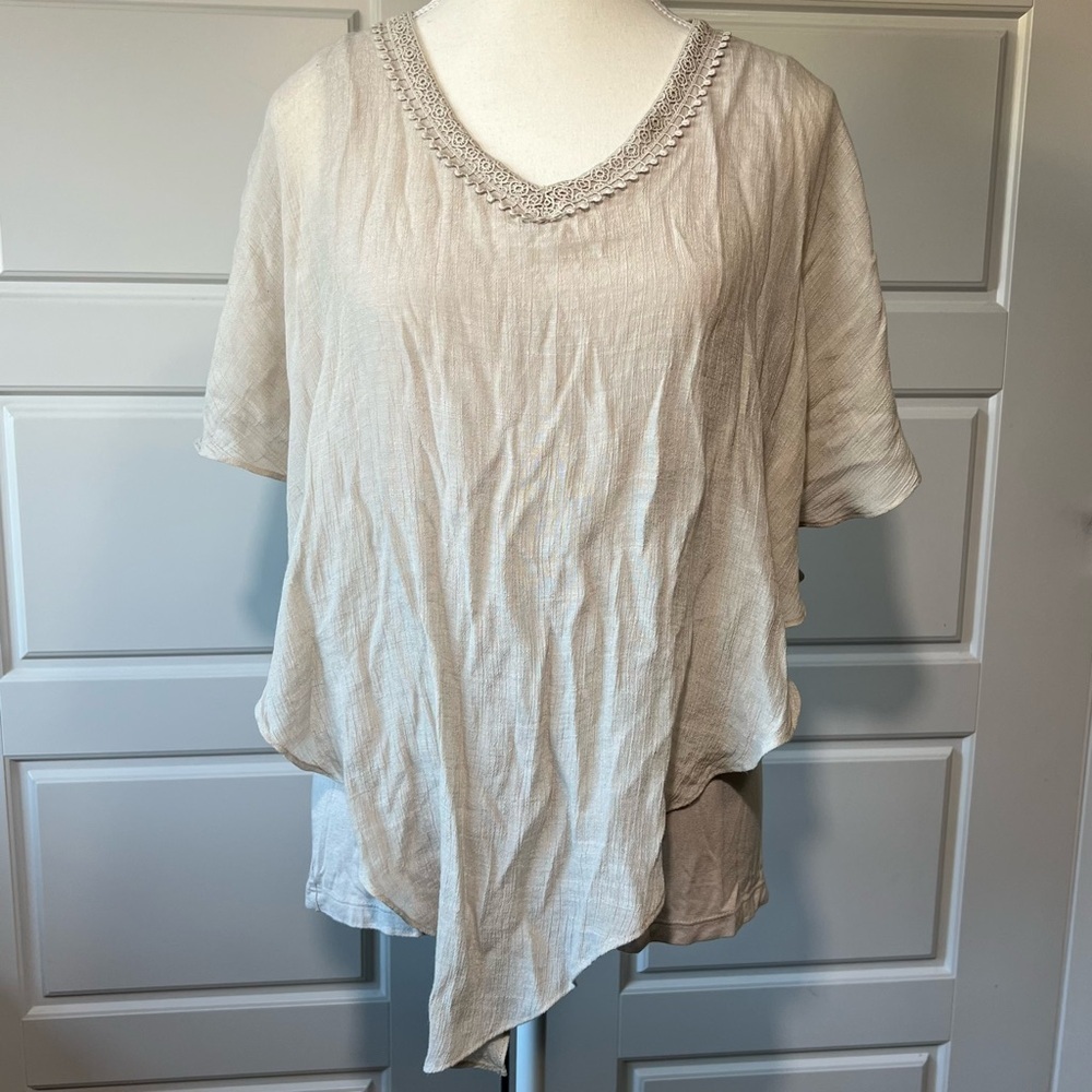 Apt 9 Lace Trim Bohemian Tunic Top Flowy Asymmetrical Boho Beige Blouse Small
